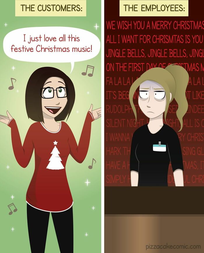 Cartoon contrasting festive family life with a feisty cat and the employees’ tired reaction to Christmas music.