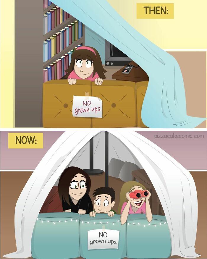 Comic panels showing family life with a feisty cat, comparing childhood and now with a no grown ups fort scene.