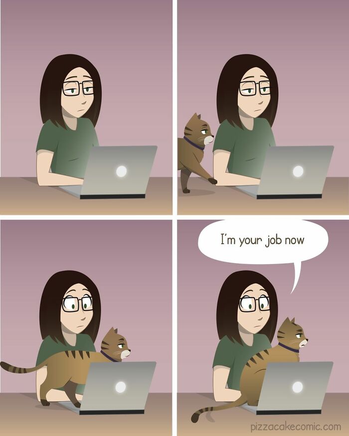 Comic panels showing family life with a feisty cat interrupting work on a laptop, illustrating the cat's playful dominance.