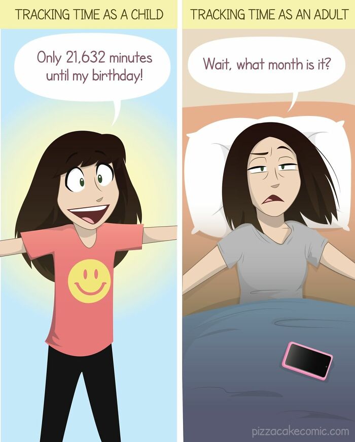 Comic illustrating family life with a feisty cat, showing time tracking differences from childhood to adulthood.