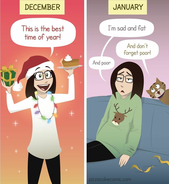 Comic showing family life with a feisty cat, contrasting joyful December and sad, fat January moods.