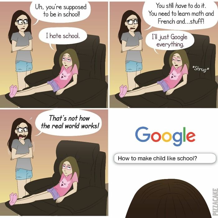 Comic strip showing family life with a feisty cat, featuring a teen avoiding school and searching online for help.