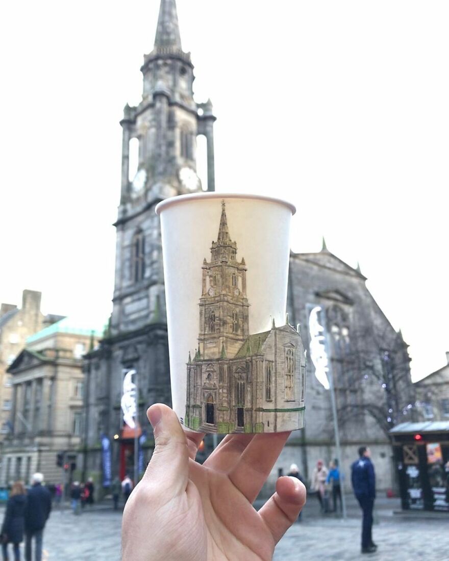 Paper cup illustration of historic church blending with real architecture while traveling the world street scene background.