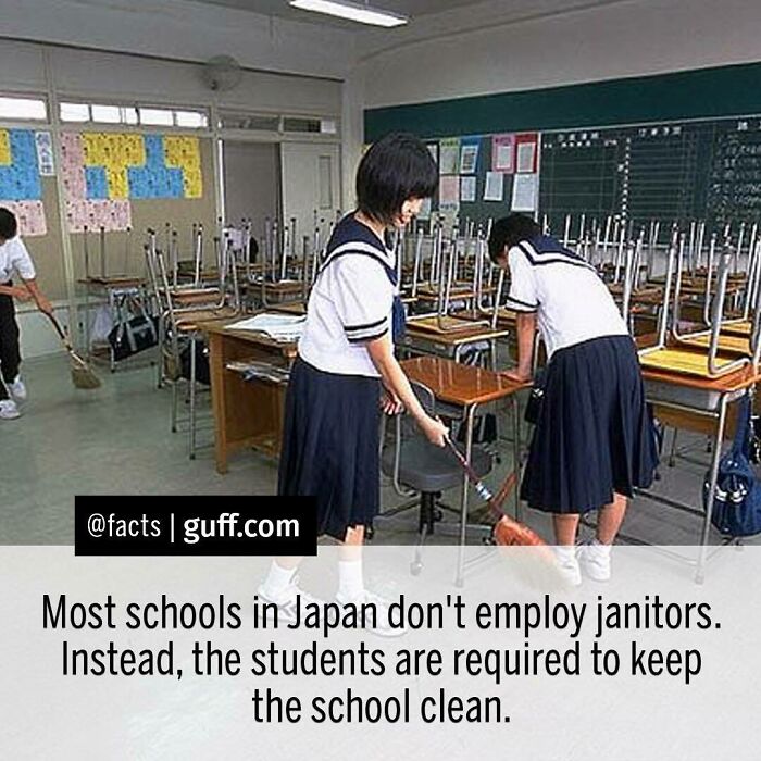 Students cleaning a classroom in Japan, illustrating interesting facts about our world shared by an Instagram account.