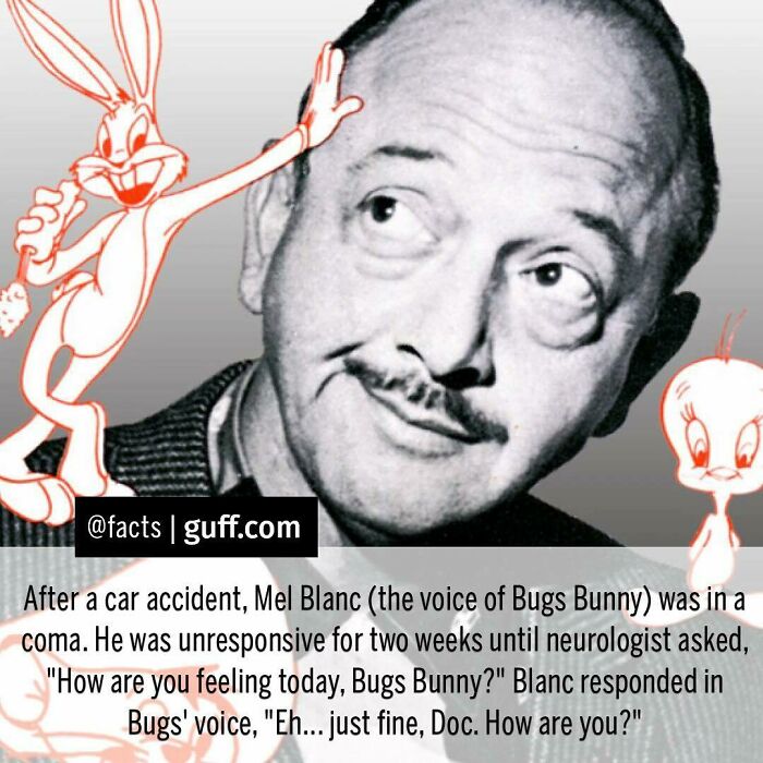 Black and white portrait of Mel Blanc with Bugs Bunny and Tweety cartoons, sharing interesting facts about our world.