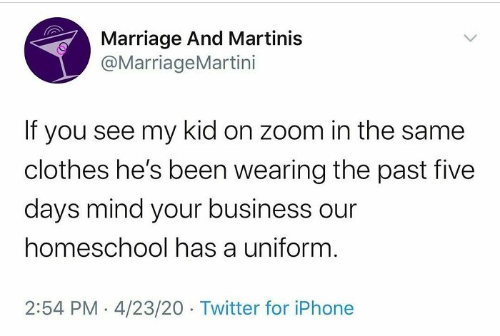 Tweet from Marriage And Martinis IG page humorously addressing kids' repeated clothes during homeschooling on Zoom.