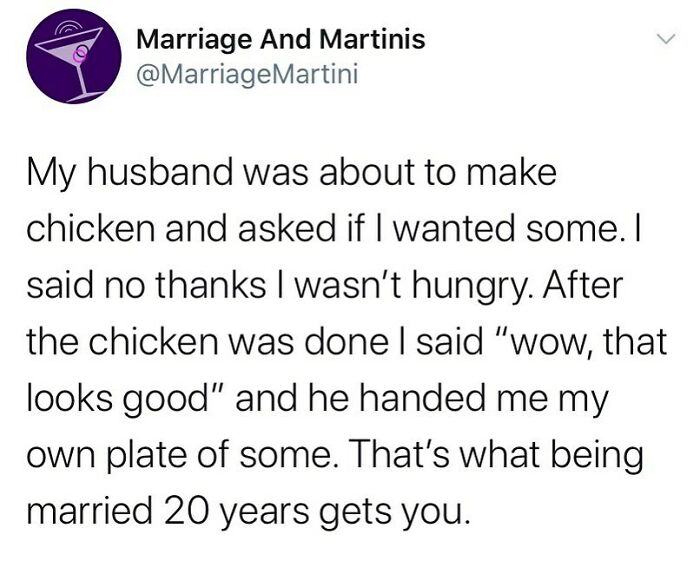 Marriage and Martinis IG post about married life humor featuring a funny story of husband offering chicken after cooking.