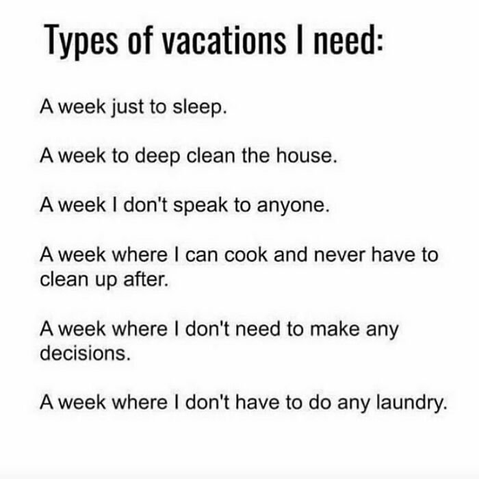 List of types of vacations needed, highlighting humor from the Marriage and Martinis Instagram posts.