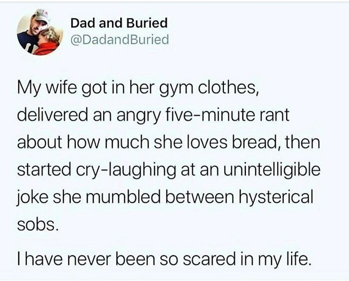 Screenshot of a funny post from Marriage and Martinis IG page about a wife’s emotional rant and laugh during gym time.