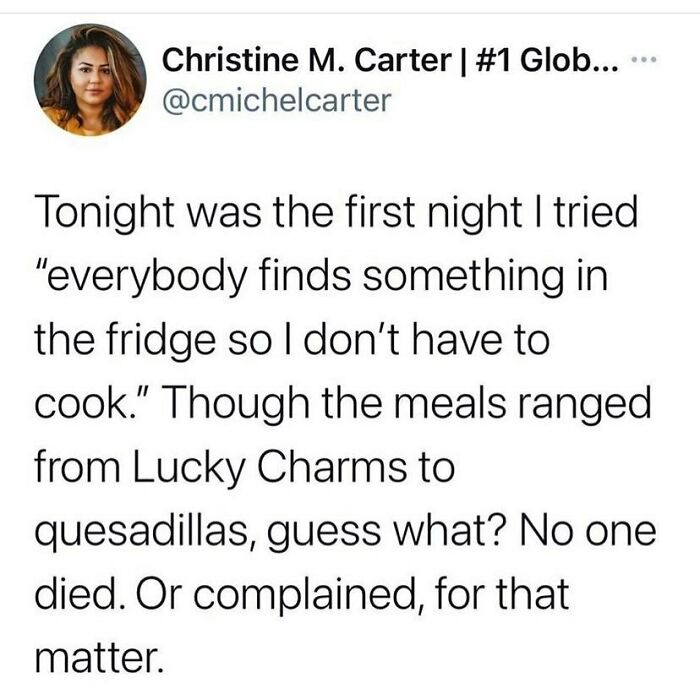 Screenshot of a funny Marriage and Martinis IG post about finding meals in the fridge to avoid cooking.