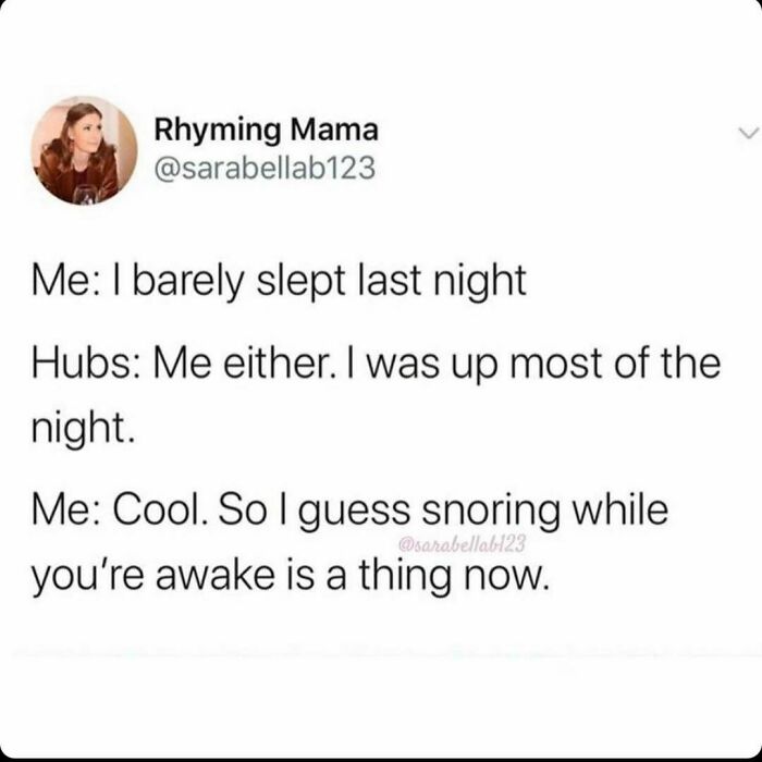 Text post from Marriage and Martinis IG page humorously about sleepless night and snoring between spouses.