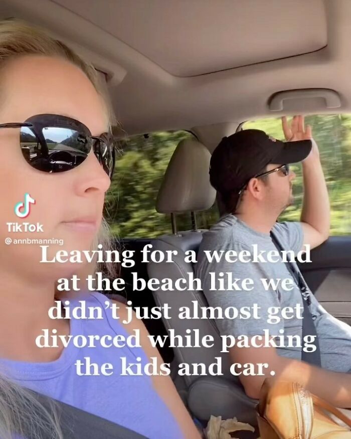 Couple driving in a car, humorous post about marriage and packing struggles from Marriage and Martinis IG page.