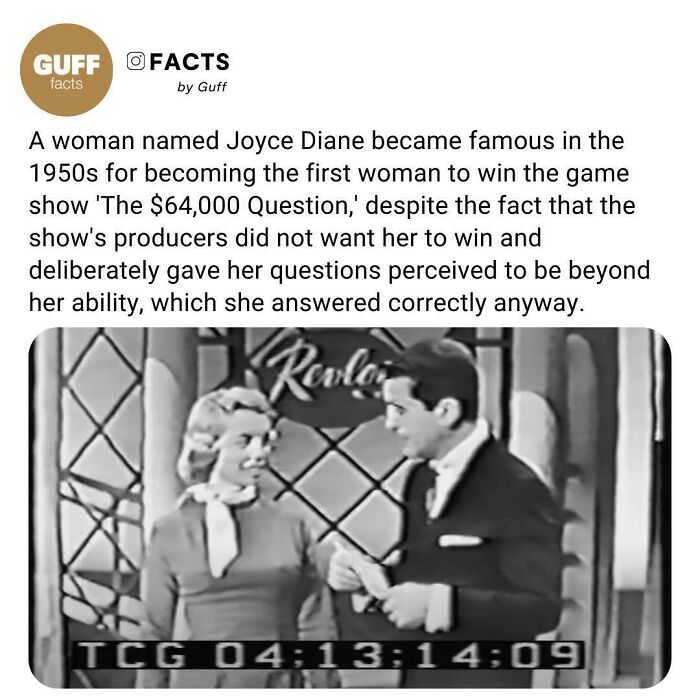 Black and white image of Joyce Diane on a game show, illustrating interesting facts about our world from Instagram.