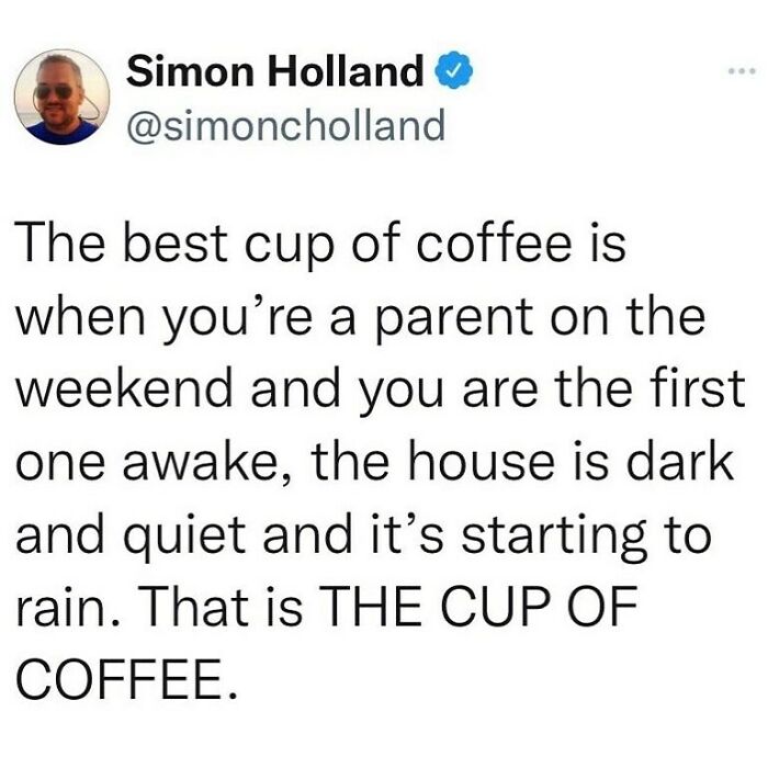 Tweet from Simon Holland about the best cup of coffee for parents, reflecting funny and spot-on marriage and martinis humor.