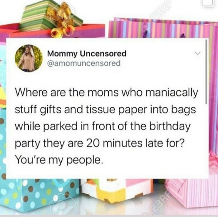 Funny post from Marriage and Martinis IG about moms stuffing gifts and tissue paper in bags while running late.