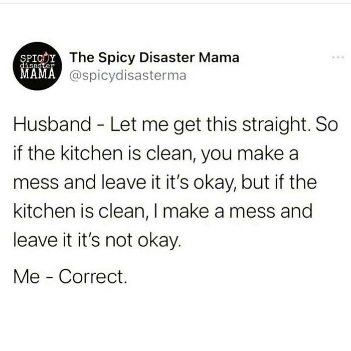Screenshot of a funny marriage and martinis post about kitchen mess rules between husband and wife.