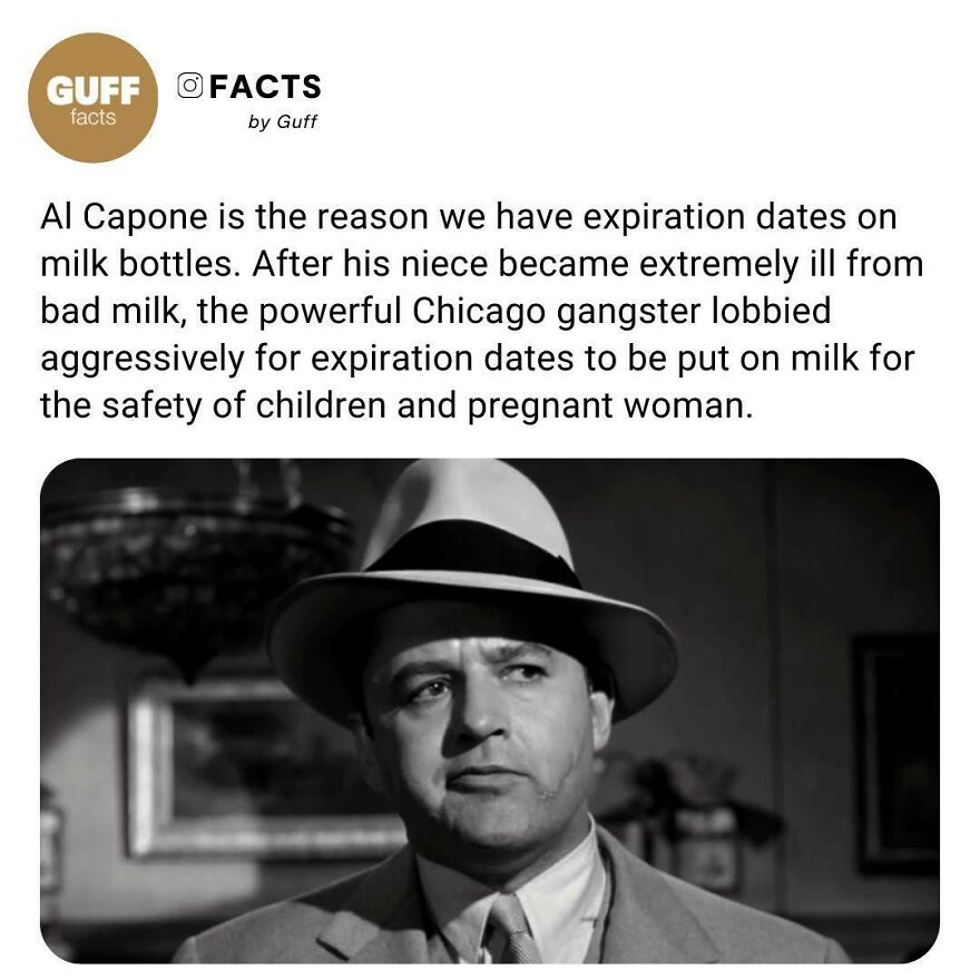 🥛 The Infamous American Gangster Campaigned For Expiry Dates To Be Clearly Printed On Milk Bottles, Allegedly Due To One Of His Relatives Becoming Ill After Drinking Sour Milk Without Realizing It Had Turned.⁠
another Theory Linked To Capone’s Involvement With Expiry Dates Is Far Less Altruistic. He Controlled All Of The Equipment Capable Of Printing The Use-By Date On Each Bottle And Was Set To Make A Decent, And Honest, Wage Out Of The Entire Enterprise If It Came To Pass.⁠
⁠
_____⁠
⁠
🕵️ The Reason Why Capone Had The Means To Put This Date On Milk Bottles? He Already Had A Rather Impressive Outfit For Bottling Liquids Set Up During The Prohibition Era (1920-1933), When Alcohol Was Banned In The Us, And His Mafia Outfit Filled The Gap In The Market With Its Own Boozey Set-Up. With Prohibition Coming To An End, He Needed Something Else To Keep Those Bottling Plants Busy.⁠
⁠
_____⁠
⁠
source: Link In Our Bio. 🔗