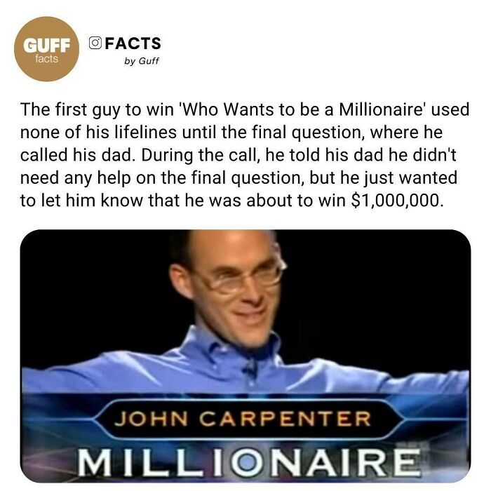 Image of John Carpenter, winner on Who Wants to Be a Millionaire, illustrating interesting facts about our world shared by Instagram.