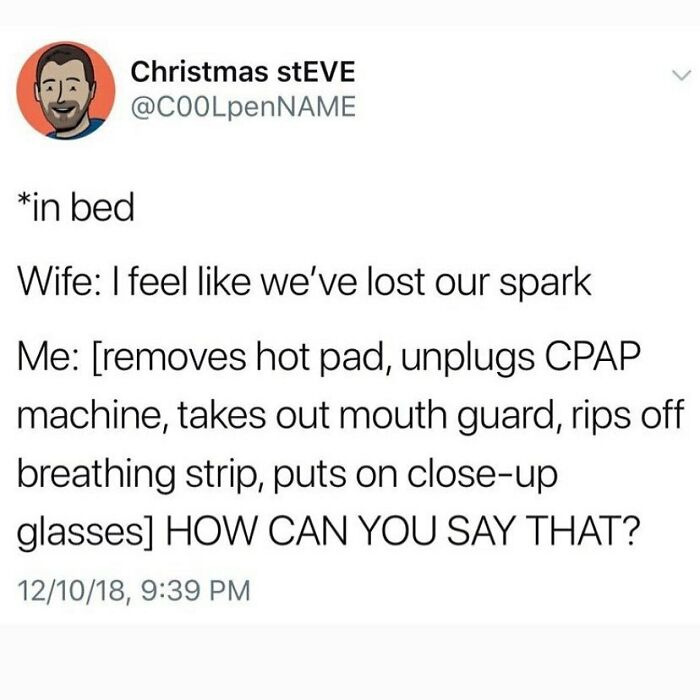Funny marriage post from Marriage and Martinis IG page shows a husband humorously responding to wife about losing their spark.