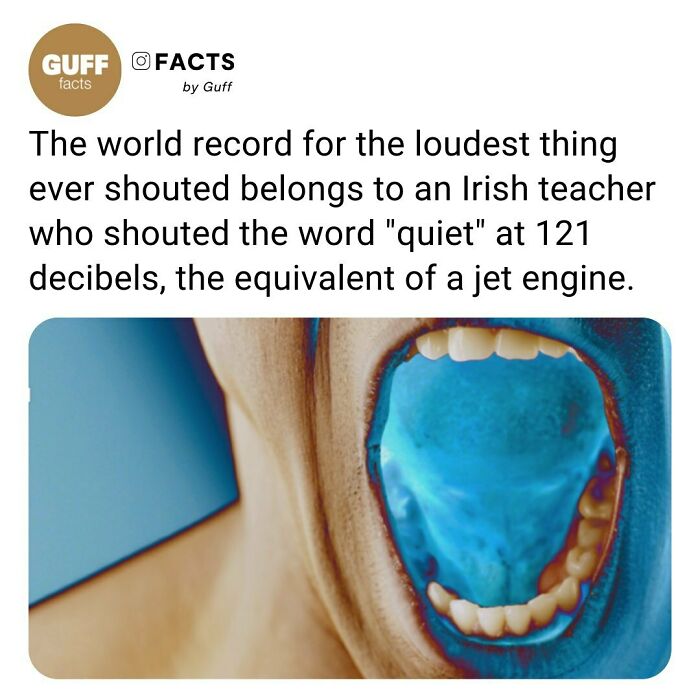 Open mouth close-up illustration with a fact about the world record for the loudest shout shared by this Instagram account.