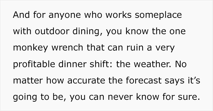 &ldquo;A Cosmo In One Hand And Filet Mignon In Another&rdquo;: Rude Karen Won&rsquo;t Listen To Waiter&rsquo;s Warning About Rain, Loses The Table For The Whole Group