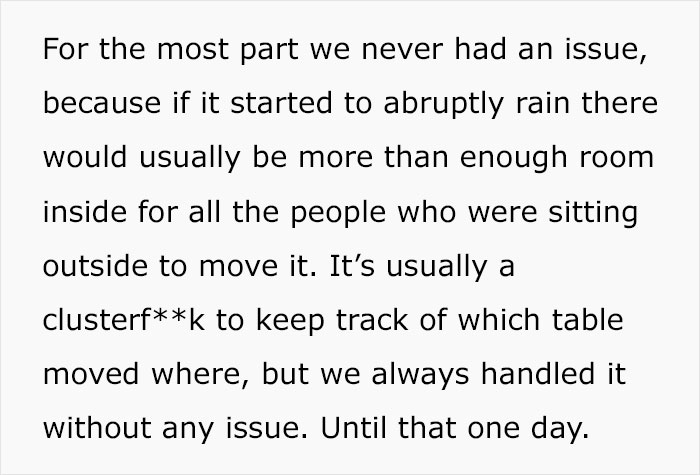 &ldquo;A Cosmo In One Hand And Filet Mignon In Another&rdquo;: Rude Karen Won&rsquo;t Listen To Waiter&rsquo;s Warning About Rain, Loses The Table For The Whole Group