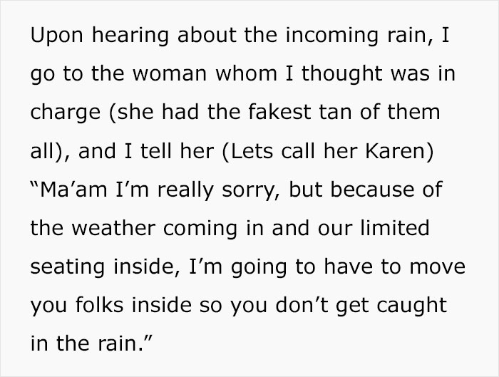 &ldquo;A Cosmo In One Hand And Filet Mignon In Another&rdquo;: Rude Karen Won&rsquo;t Listen To Waiter&rsquo;s Warning About Rain, Loses The Table For The Whole Group