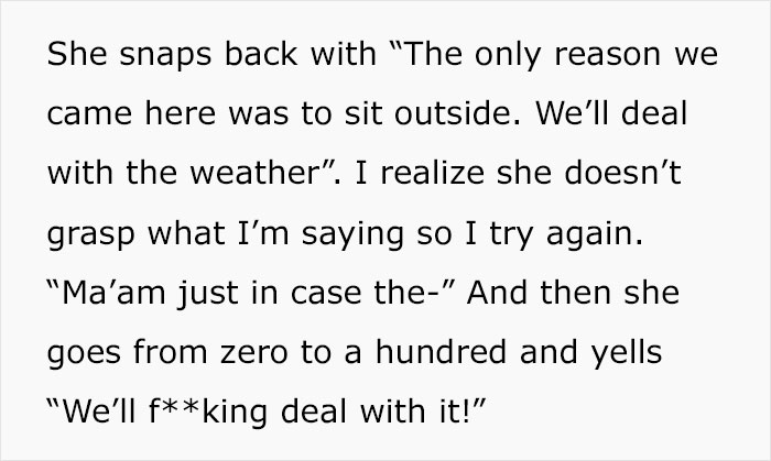 &ldquo;A Cosmo In One Hand And Filet Mignon In Another&rdquo;: Rude Karen Won&rsquo;t Listen To Waiter&rsquo;s Warning About Rain, Loses The Table For The Whole Group