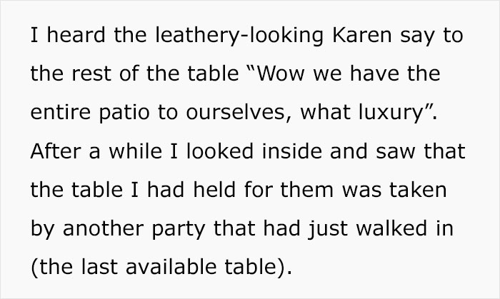 &ldquo;A Cosmo In One Hand And Filet Mignon In Another&rdquo;: Rude Karen Won&rsquo;t Listen To Waiter&rsquo;s Warning About Rain, Loses The Table For The Whole Group