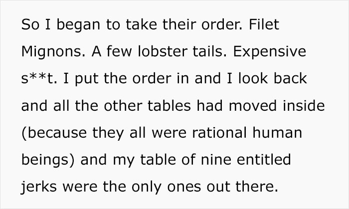 &ldquo;A Cosmo In One Hand And Filet Mignon In Another&rdquo;: Rude Karen Won&rsquo;t Listen To Waiter&rsquo;s Warning About Rain, Loses The Table For The Whole Group
