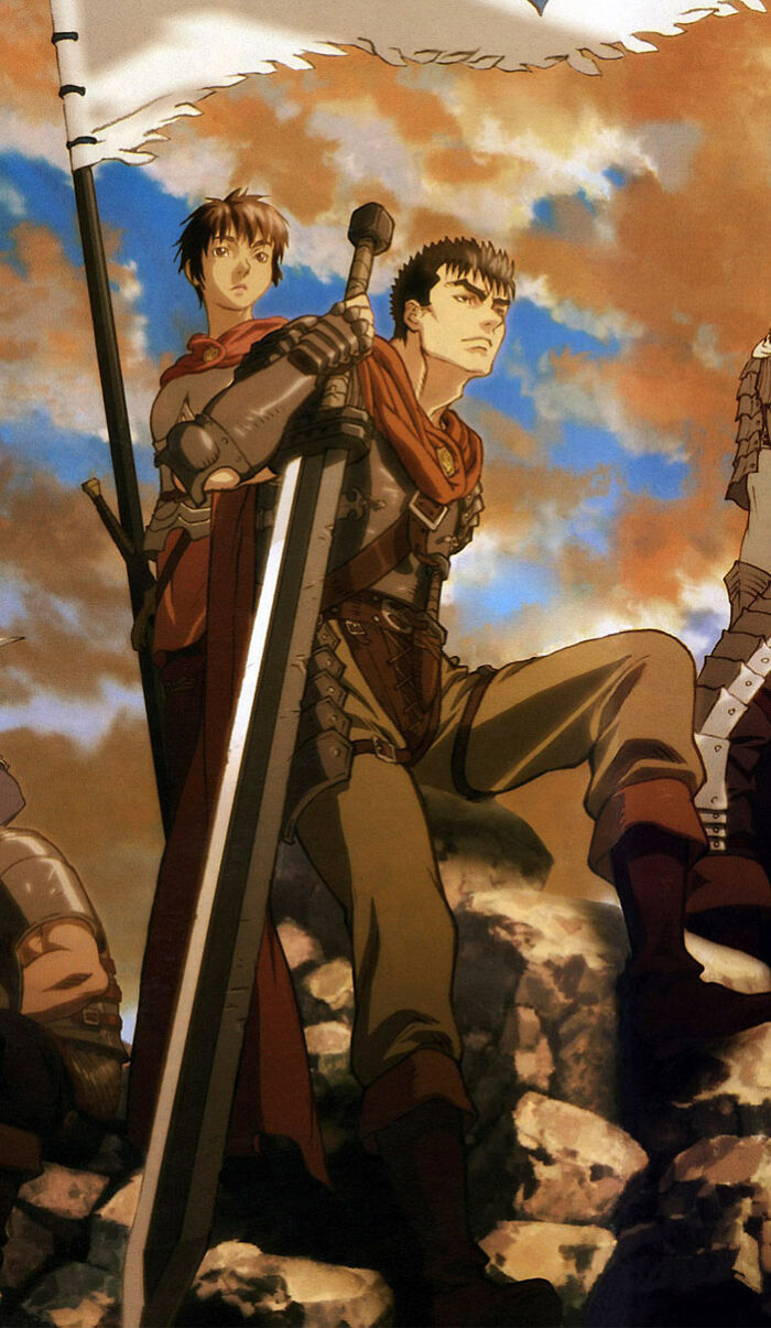 Guts sitting on a rock holding a sword 