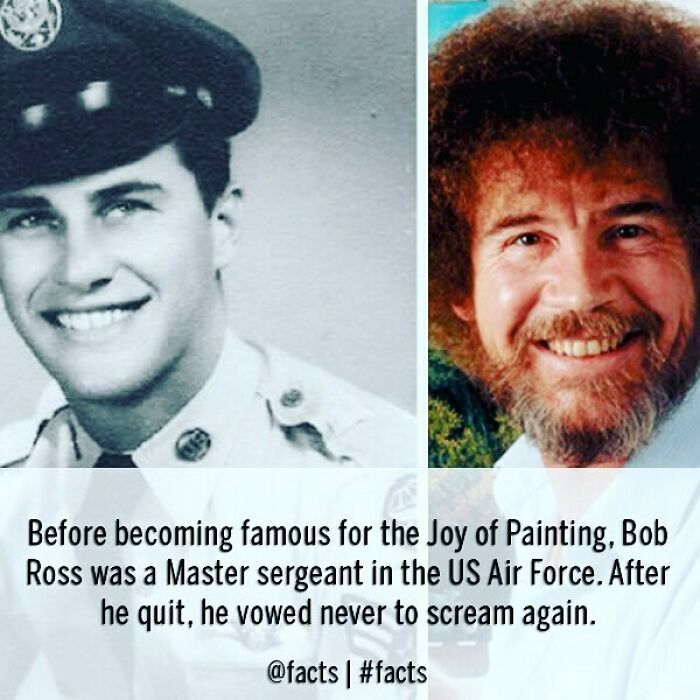 Black and white military portrait and smiling color photo of Bob Ross sharing interesting world facts.