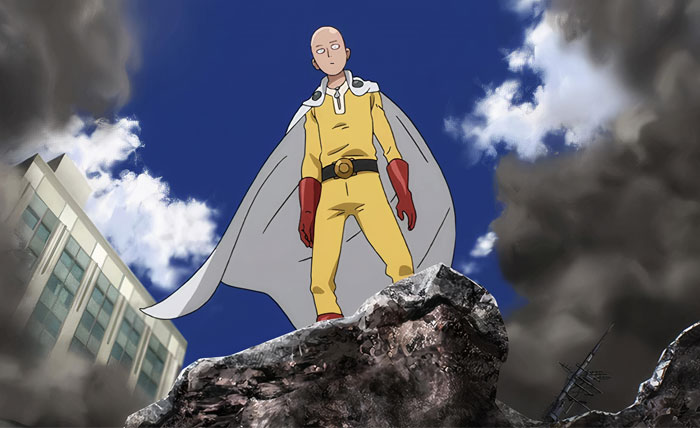 Saitama wearing yellow costume standing on the rock 