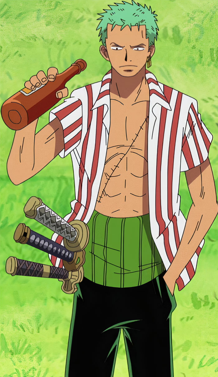 Zoro Roronoa holding a bottle 
