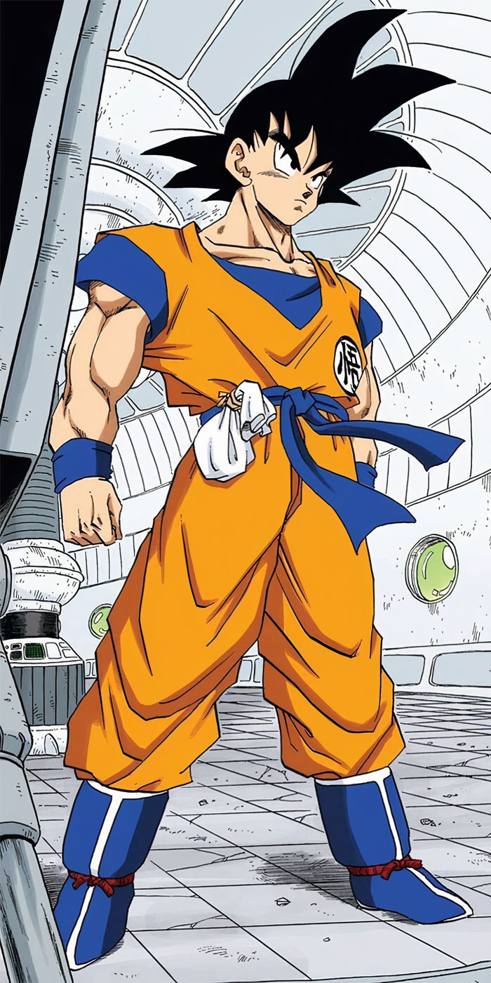 Son Goku wearing orange overalls 