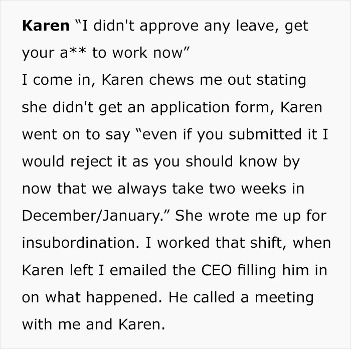 Karen Cancels Employee's Vacation, Gets To Kiss Her Promotion Goodbye Karen Cancels Employee's Vacation, Gets To Kiss Her Promotion Goodbye