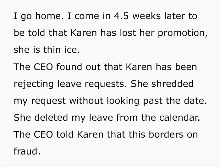 Karen Cancels Employee's Vacation, Gets To Kiss Her Promotion Goodbye Karen Cancels Employee's Vacation, Gets To Kiss Her Promotion Goodbye