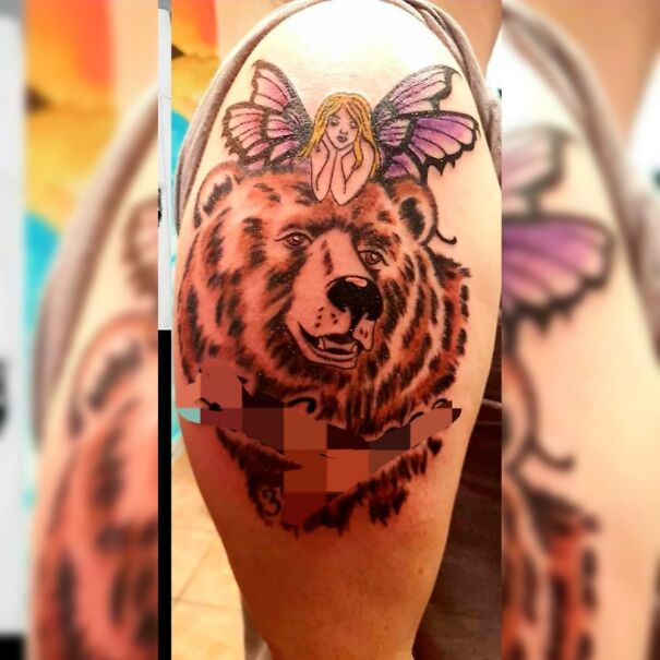 Tattoo of a bear with a fairy, showcasing impressive new body art design.