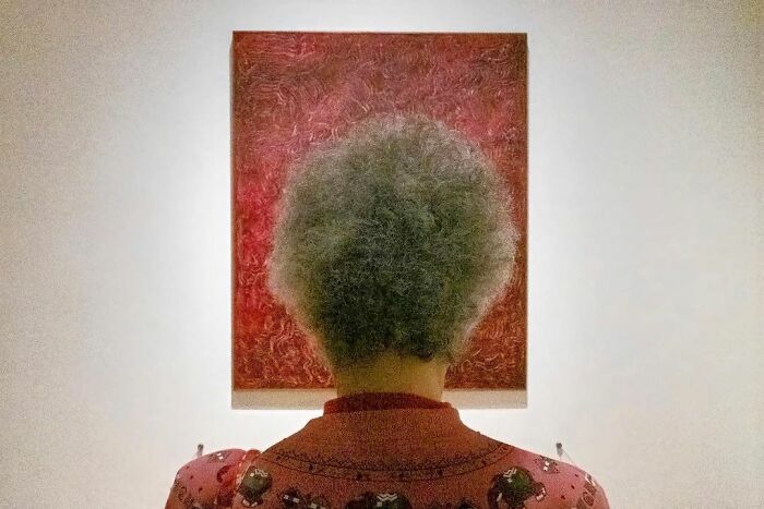 Person with gray curly hair wearing a patterned shirt, facing a textured red painting, a lucky accident by Edas Wong photographer