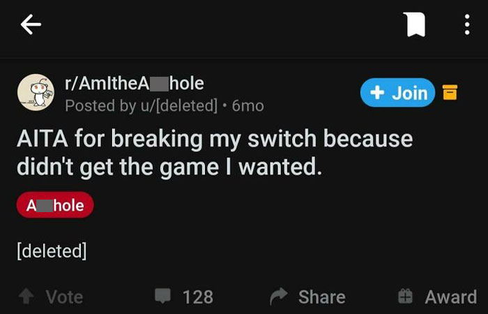 Basically This Kid Asked If He Was An A-Hole For Breaking His Switch Because His Mom Wanted To Treat Herself; 20/10 That Kid's An A-Hole