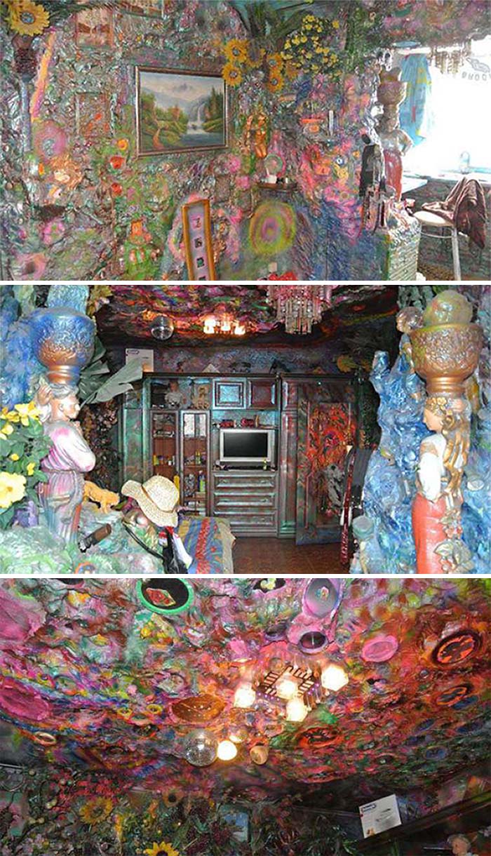 Colorful and chaotic home interiors with floral decorations, peculiar design choices, and eclectic artwork.