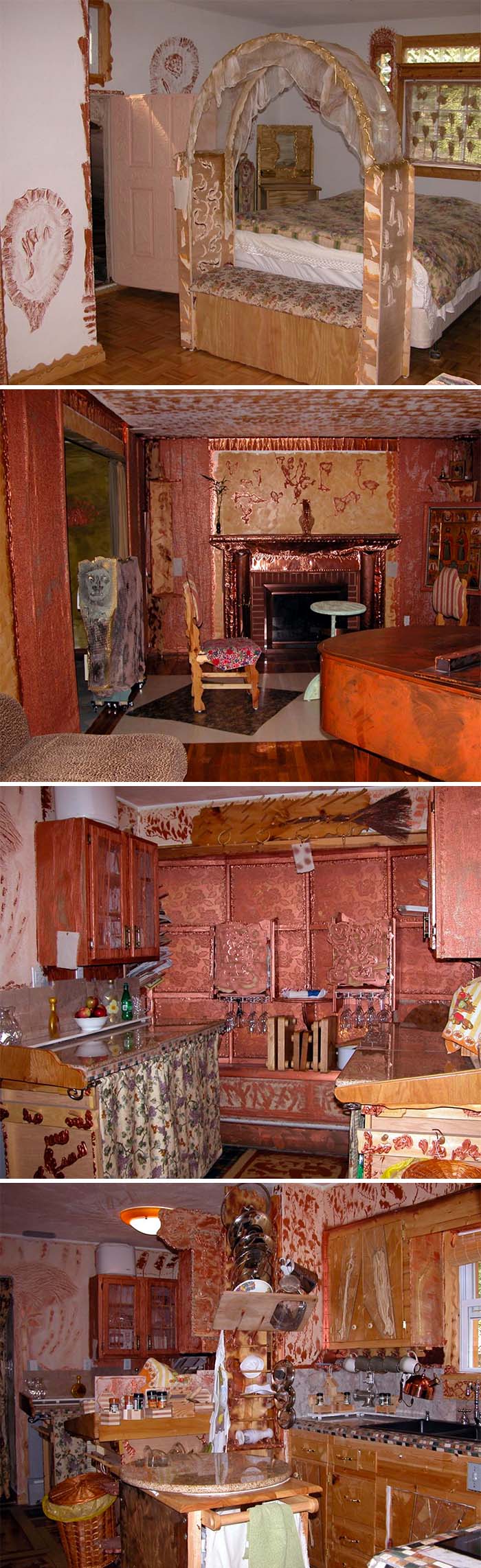 Unusual home interior design with eclectic decor choices including ornate panels and mismatched furniture.