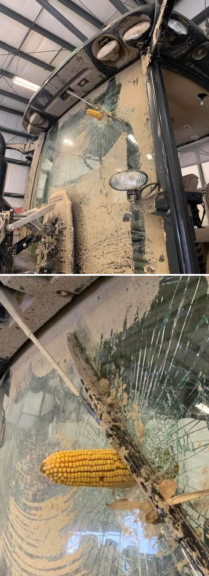 Llegó una máquina a la tienda John Deere de mi localidad para ser reparada después del tornado en Kentucky