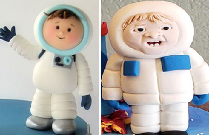 My Son Turned 1 Yesterday. This Was The Topper To His Space Themed Cake. Left Is What We Ordered, Right Is What We Got