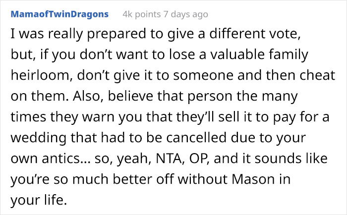 Cheating Ex-Fianc&eacute; Won't Pay For The Canceled Wedding Costs, So Woman Decides To Sell His Family Heirloom
