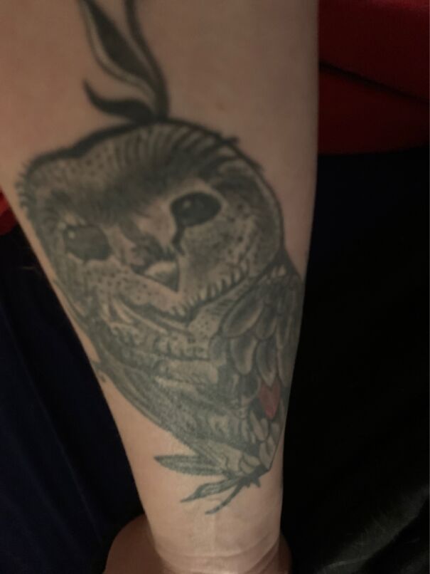 Owl tattoo design on forearm, showcasing impressive new tattoo art.