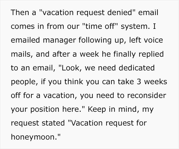 Employee Gets Refused 3 Weeks&rsquo; Time Off For Honeymoon, Cues Malicious Compliance That Gets His Manager Into Trouble