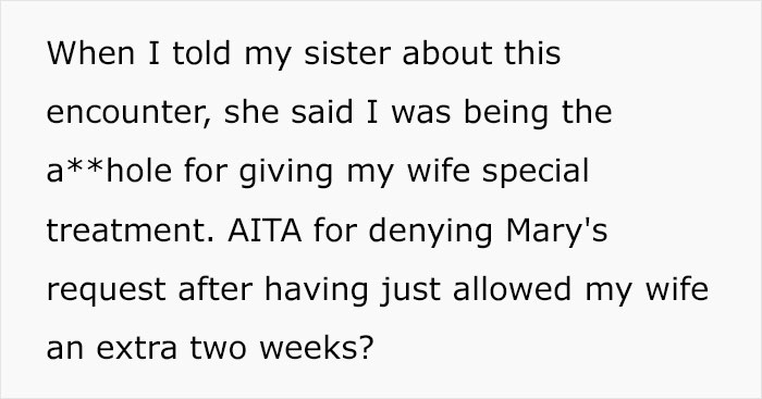 "AITA For Allowing My Wife To Extend Her Maternity Leave At My Company But Not One Of My Other Employees?" "AITA For Allowing My Wife To Extend Her Maternity Leave At My Company But Not One Of My Other Employees?"
