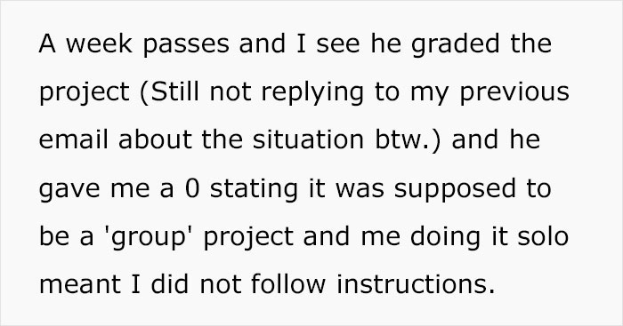 Student Maliciously Complies And Gets His Professor Into Trouble After Receiving A Zero On A Group Project He Had To Do All By Himself