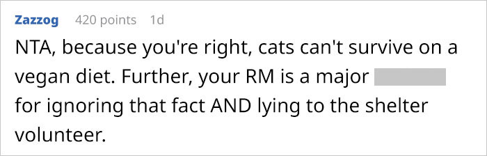 Woman Wanted To Get A Cat And Feed It Vegan Dry Food, Roommate Passes That On To The Shelter Worker And They Decline Her Application